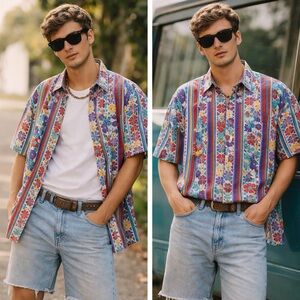 90s KZK True Vintage Button Up Shirt Multicolor Resort Print Cotton Size M Retro
